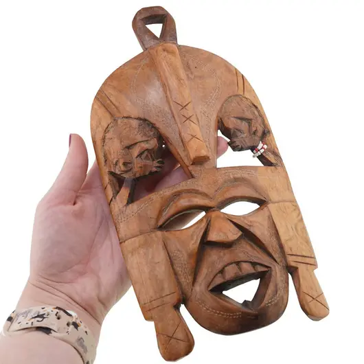 Masca africana vintage din lemn sculptat manual, cu doua fete laterale, 24cm, imagine 3
