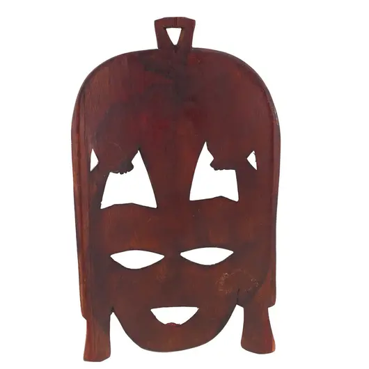 Masca africana vintage din lemn sculptat manual, maro deschis, cu doua fete laterale, 21cm, imagine 2