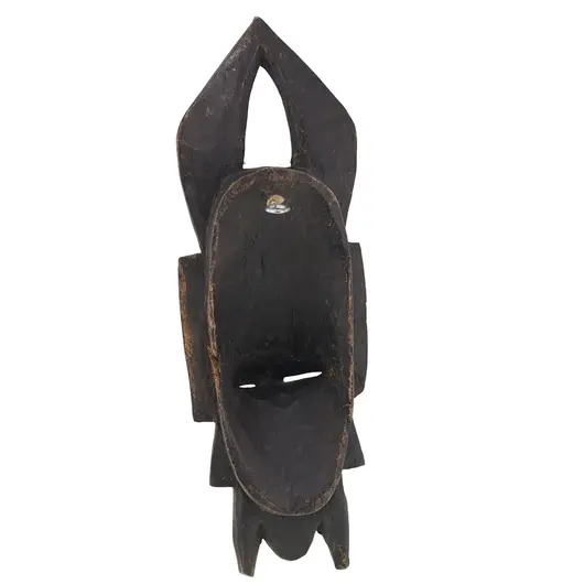 Masca africana vintage din lemn sculptat manual, neagra si rosie, model cu corn, 25cm, imagine 2