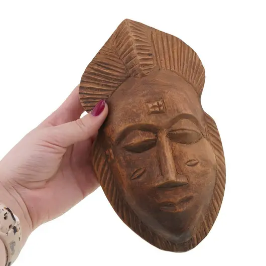Masca africana vintage din lemn sculptat manual, model frunza si fata stilizata, 18,5cm, imagine 3