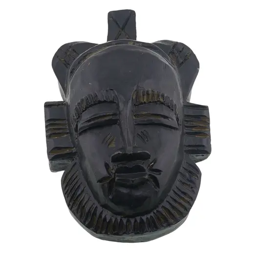 Masca africana vintage din lemn sculptat manual, model negru lucios cu detalii gravate, 16cm