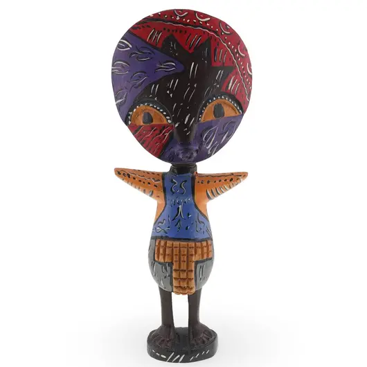 Statueta africana vintage din lemn sculptat manual, colorata in nuante vii, 20cm