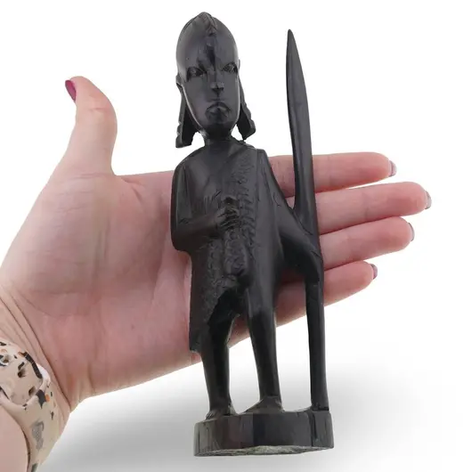 Statueta africana vintage din lemn sculptat manual, pescar cu sulita si peste, 16cm, imagine 3