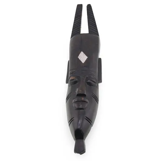 Masca africana vintage din lemn sculptat manual, model cu corn inalt, 31cm