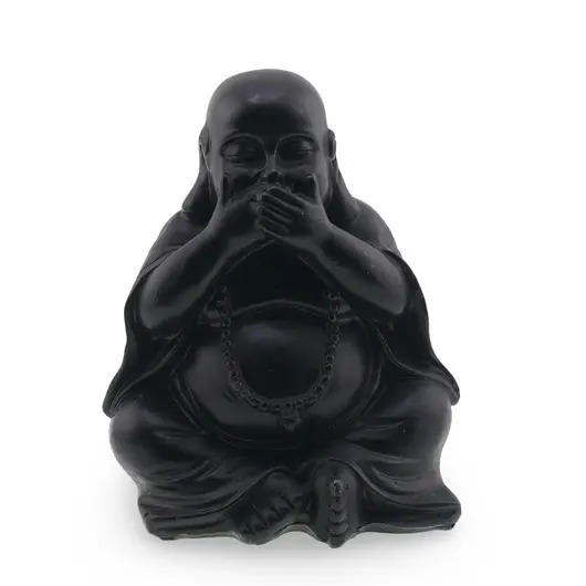 Statueta Buddha vintage neagra din rasina, gestul "nu vorbi raul”, 10cm