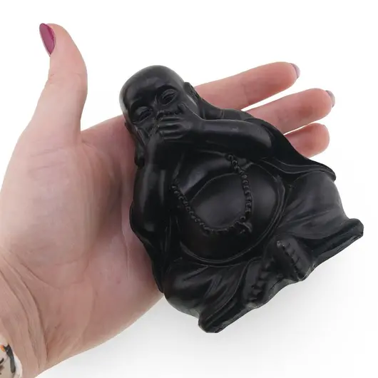 Statueta Buddha vintage neagra din rasina, gestul "nu vorbi raul”, 10cm, imagine 3