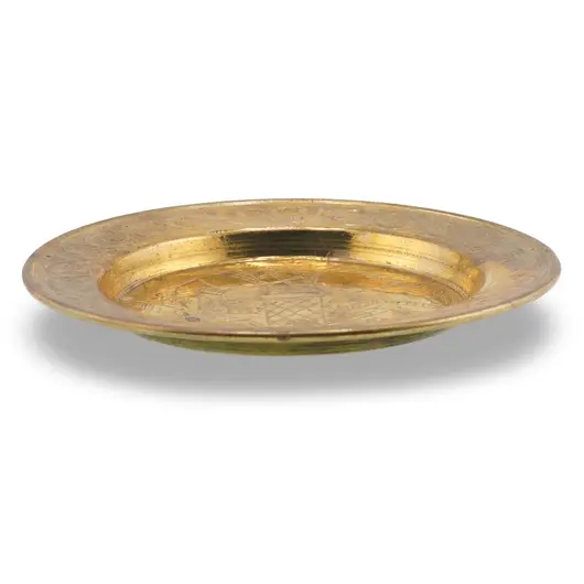 Farfurie decorativa vintage din alama gravata, peisaj egiptean, 12cm, imagine 2