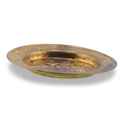 Farfurie decorativa vintage din alama gravata, peisaj tropical cu palmier, 10cm, imagine 2