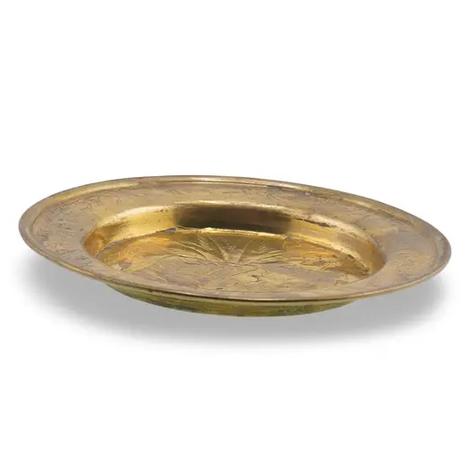 Farfurie decorativa vintage din alama gravata, scena cu camila si palmieri, inscriptie Petra, 10cm, imagine 2