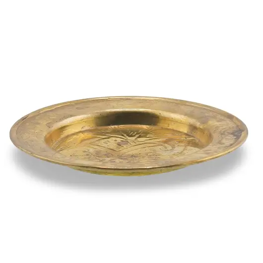 Farfurie decorativa vintage din alama gravata, scena cu camila si palmieri, inscriptie Luxor 1987, 10cm, imagine 2