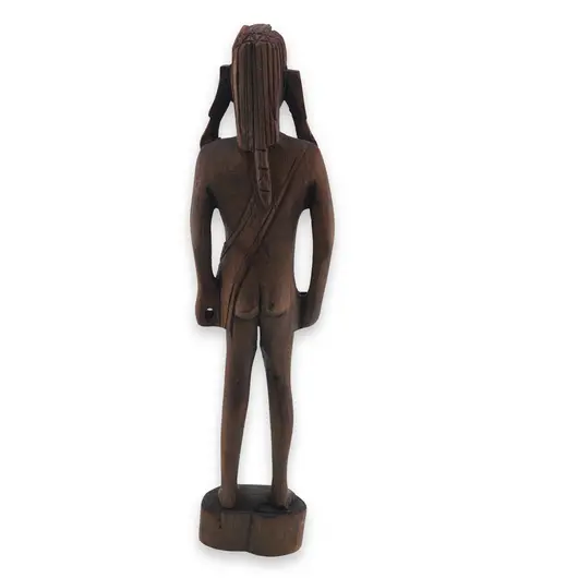 Statueta africana vintage din lemn sculptat manual, barbat cu par lung si tunica, 31cm, imagine 2