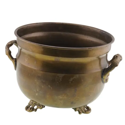 Vas vintage din alama pe picioare, cu manere laterale ornamentale, 16cm