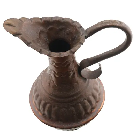 Carafa vintage din cupru cu gat decorat si maner curbat, 21cm, imagine 2
