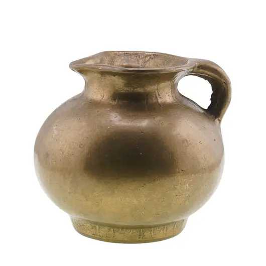 Vas rotund vintage din bronz cu gat scurt si maner lateral, 9cm