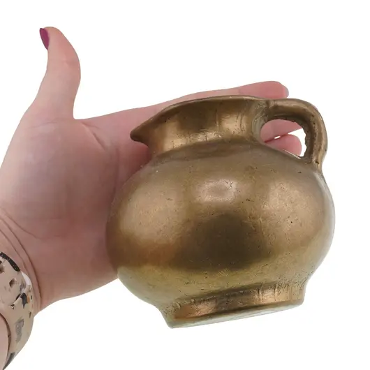 Vas rotund vintage din bronz cu gat scurt si maner lateral, 9cm, imagine 3