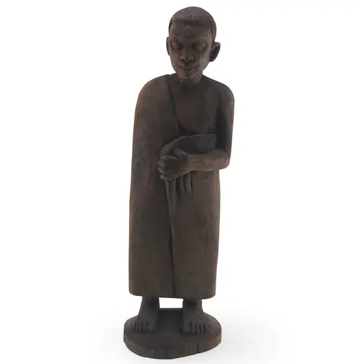 Statueta vintage din lemn sculptat manual, calugar in picioare, 27,5cm