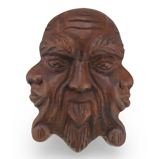 Masca decorativa vintage din lemn sculptat manual, model fata tripla, 28cm