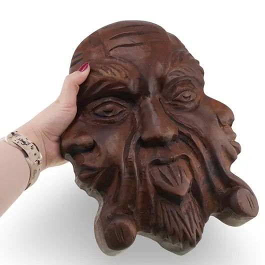Masca decorativa vintage din lemn sculptat manual, model fata tripla, 28cm, imagine 3