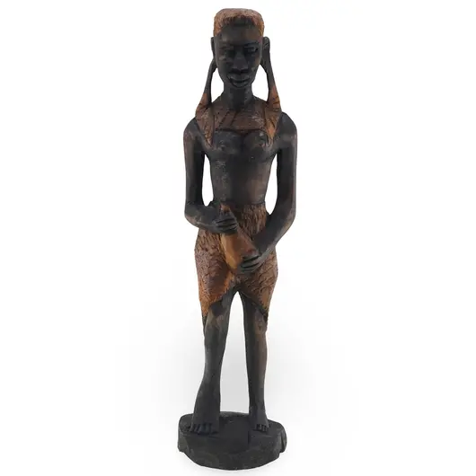 Statueta africana vintage din lemn sculptat manual, femeie cu vas, 33cm