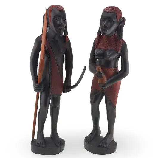 Set statuete africane vintage din lemn sculptat manual, barbat si femeie, 31cm