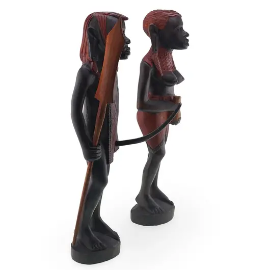 Set statuete africane vintage din lemn sculptat manual, barbat si femeie, 31cm, imagine 2