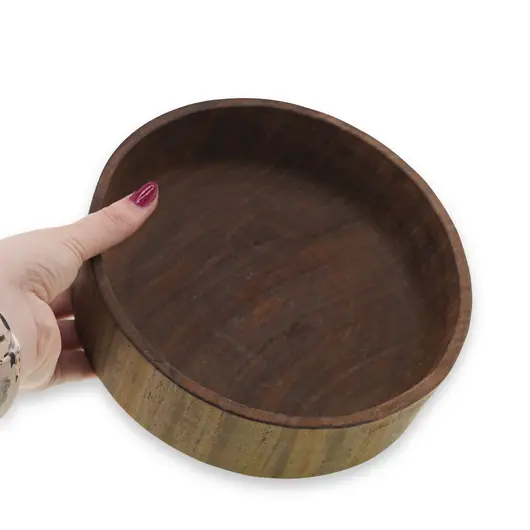 Bol rotund mediu vintage din lemn sculptat manual, finisaj natural inchis, 18cm, imagine 3