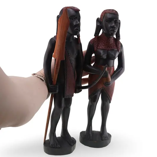 Set statuete africane vintage din lemn sculptat manual, barbat si femeie, 31cm, imagine 3