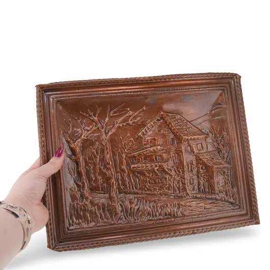 Tablou vintage din cupru, peisaj rustic in relief, 30cm, imagine 3