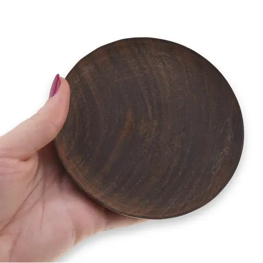 Farfurie rotunda vintage din lemn sculptat manual, finisaj rustic inchis, 10cm, imagine 3