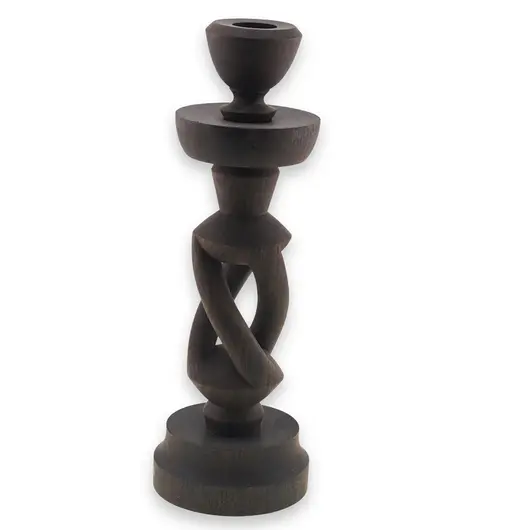 Sfesnic vintage din lemn sculptat manual, model spiralat cu baza rotunda, 22,5cm