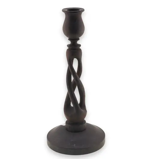 Sfesnic vintage din lemn sculptat manual, model spiralat cu baza larga, 23cm