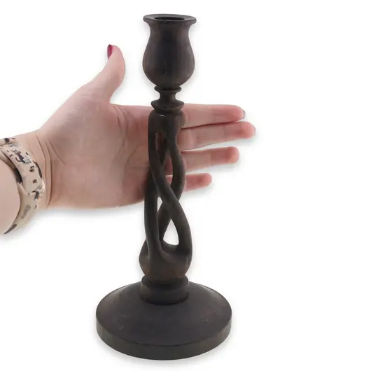 Sfesnic vintage din lemn sculptat manual, model spiralat cu baza larga, 23cm, imagine 3