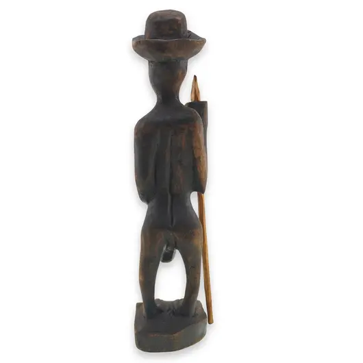 Statueta africana vintage din lemn sculptat manual, razboinic cu palarie si sulita, 30cm, imagine 2