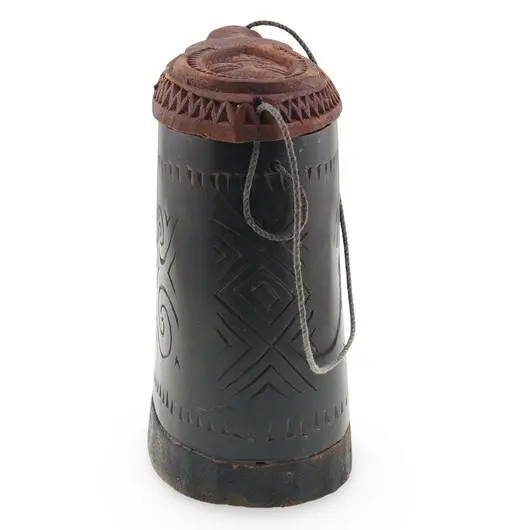 Recipient vintage din lemn sculptat manual, model cu capac si motive decorative, 11cm, imagine 2