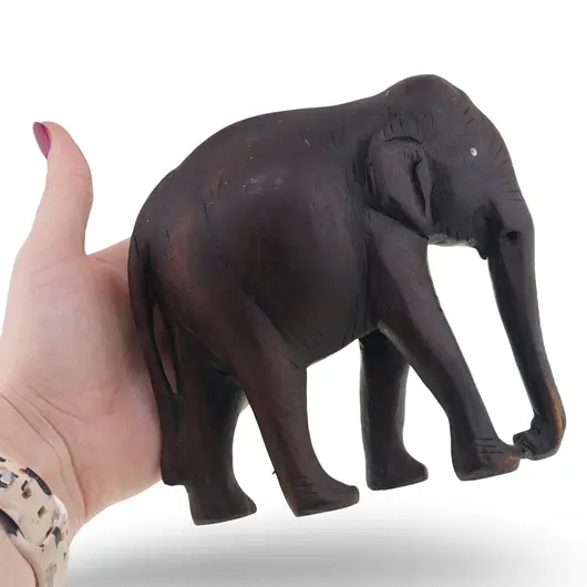 Figurina vintage din lemn sculptat manual, elefant cu finisaj inchis, 12cm, imagine 3