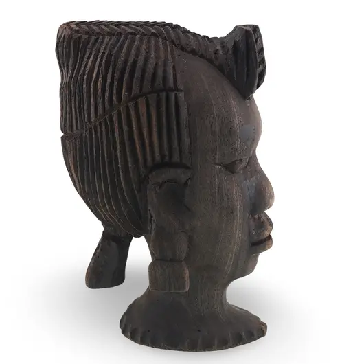 Bust african vintage din lemn sculptat manual, model cu par impletit si cercei, 18cm, imagine 2