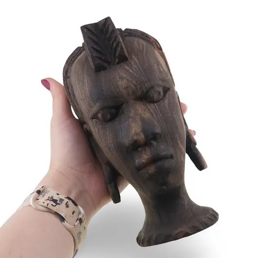 Bust african vintage din lemn sculptat manual, model cu par impletit si cercei, 18cm, imagine 3