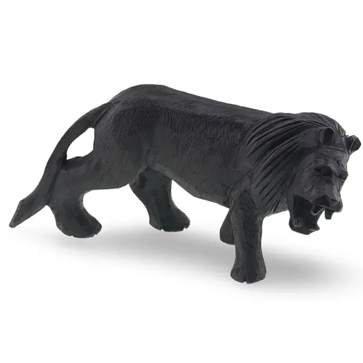 Figurina leu vintage din lemn sculptat manual, model realist in mers, 25cm
