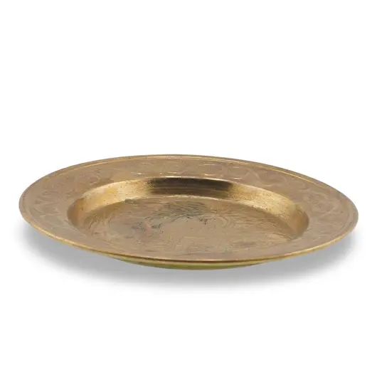 Farfurie decorativa vintage din alama gravata, scena cu calaret si camila, 12cm, imagine 2