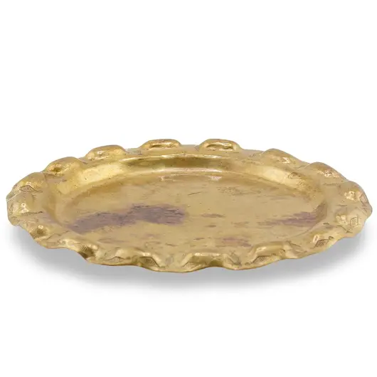 Tava rotunda din alama vintage, model auriu cu margine decorata cu pesti, 10,5cm, imagine 3