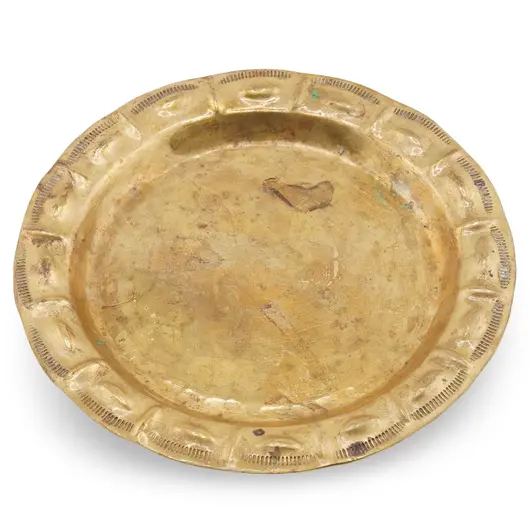 Tava rotunda din alama vintage, model auriu cu margine decorata, 11cm