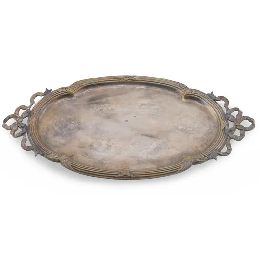 Tava ovala vintage, model argintiu cu manere decorative, 23cm