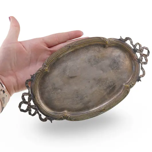Tava ovala vintage, model argintiu cu manere decorative, 23cm, imagine 4