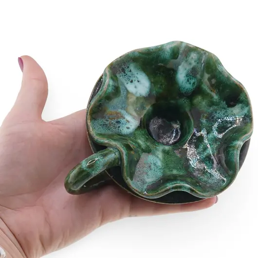 Vas ceramic vintage, model verde cu maner lateral, 13cm, imagine 5