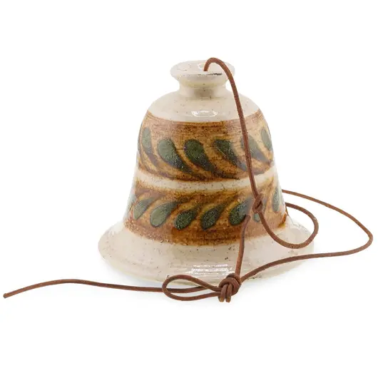 Clopotel ceramic vintage, model crem cu frunze verzi pictate, 10cm