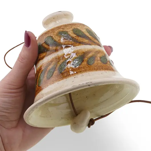 Clopotel ceramic vintage, model crem cu frunze verzi pictate, 10cm, imagine 3