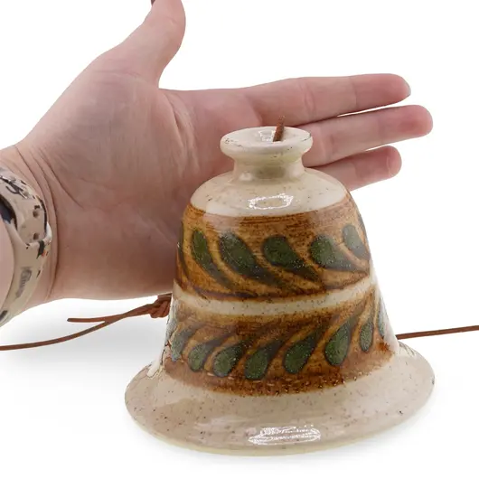 Clopotel ceramic vintage, model crem cu frunze verzi pictate, 10cm, imagine 5