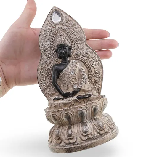 Statueta Buddha vintage, model argintiu cu detalii negre, 17,5cm, imagine 5