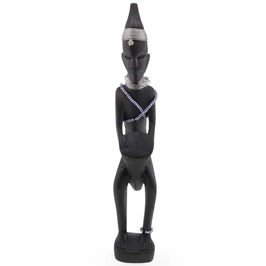 Statueta africana vintage, model din lemn inchis cu margele, 32cm