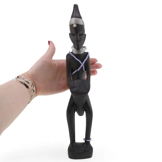 Statueta africana vintage, model din lemn inchis cu margele, 32cm, imagine 4